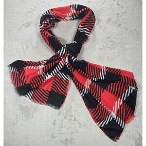 Talbots Red Black Geometric Stripe Scarf Fringe Oblong preppy 30" x 72"
